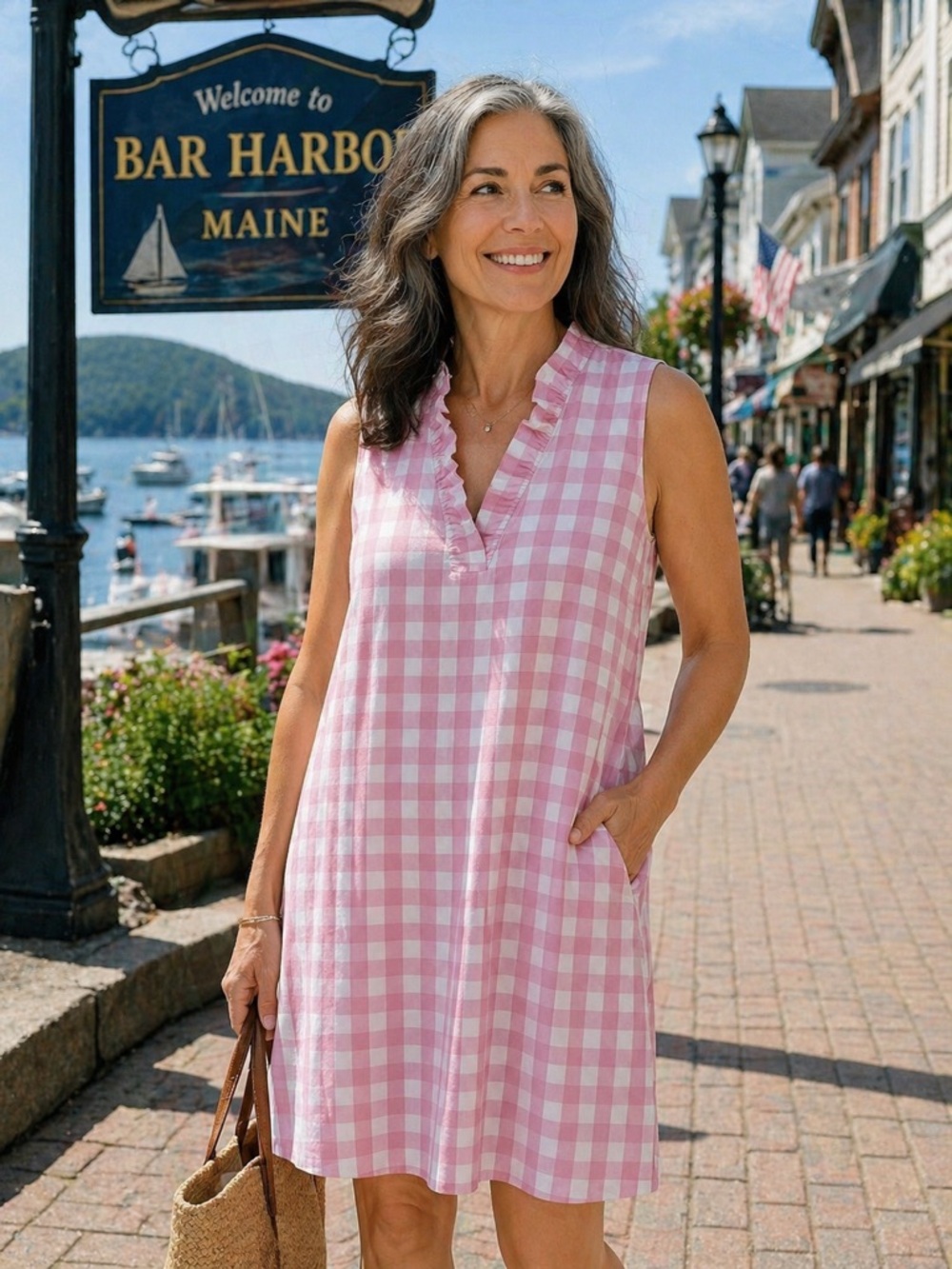 Crown & Ivy pink/ white, gingham shift, x- large, ruffles collar, pockets
